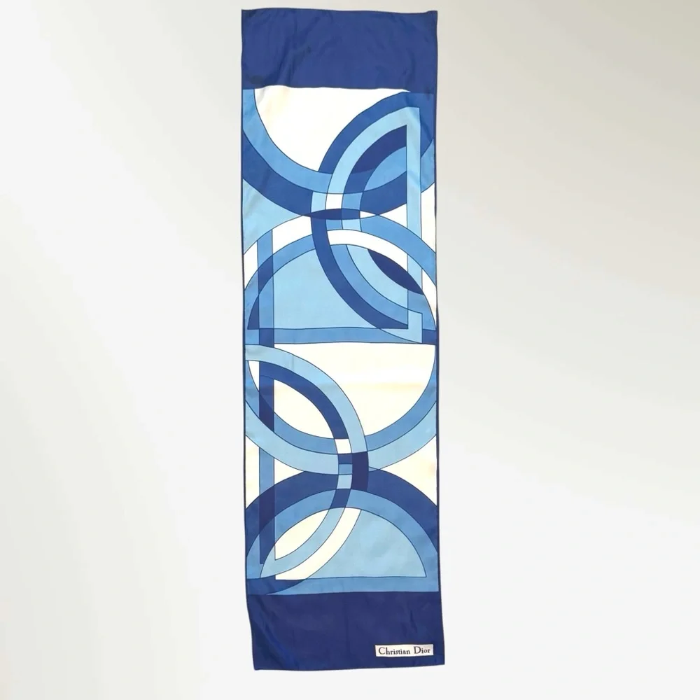 Christian Dior Vintage Silky Satin Blue Geometric Print Oblong Rectangle 44 x 14